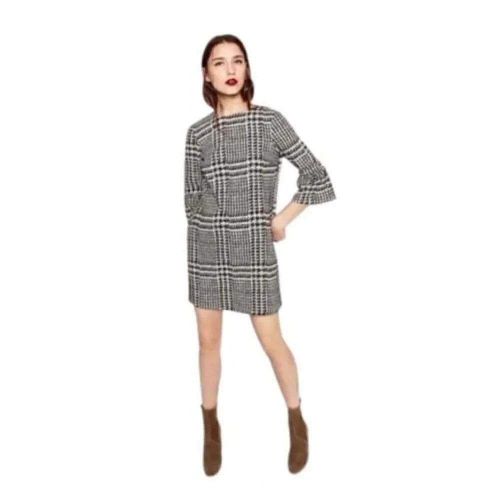 Zara houndstooth print bell sleeves short casual dress tan/black size Small (487